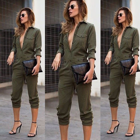 Sexy femmes nouvelle mode Slim moulante combinaison à manches longues armée vert solide décontracté body dames Vintage barboteuse longue combinaison ► Photo 1/1