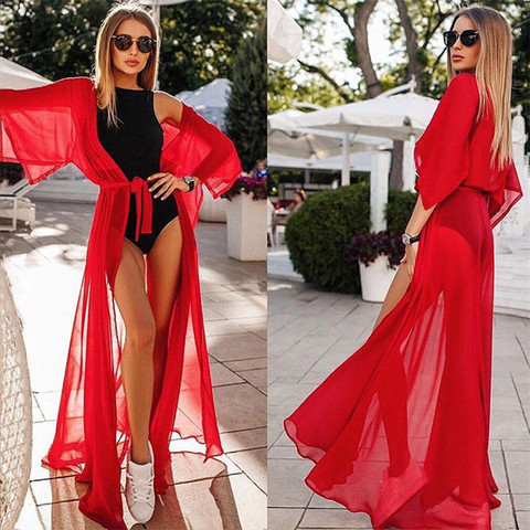 Robe de plage longue en mousseline de soie, Cover-up pour Bikini, tunique Sexy, Kaftan, transparent, vêtements de plage ► Photo 1/6