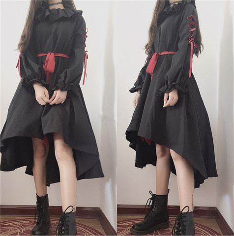 Robe marionnette Lolita pour filles foncées, Style de poupée Lolita, ceinture à nouer, à volants et nœud papillon, ample ► Photo 1/1