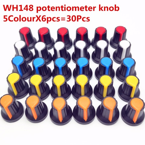 30 pièces 5 couleur WH148 potentiomètre bouton capuchon (noyau de cuivre) 15X17mm 6mm trou d'arbre AG2 jaune Orange bleu blanc rouge 5 couleur * 6 pièces = 30 pièces ► Photo 1/3