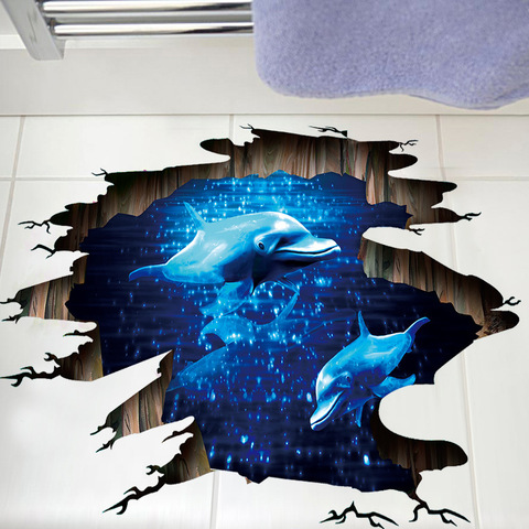 Autocollant de sol de dauphin de rêve bleu foncé 3D, décoration murale de salle de bains, salon, papier peint de décor de maison ► Photo 1/6