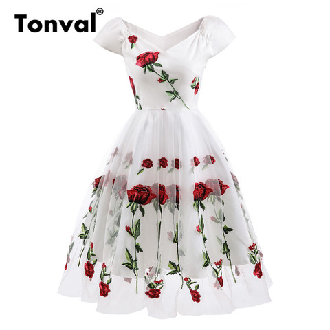 Tonval-robe de soirée de Style Vintage pour femmes, Rose brodée, col en V, élégante, plissée, superposition en maille, fleurs blanches ► Photo 1/6