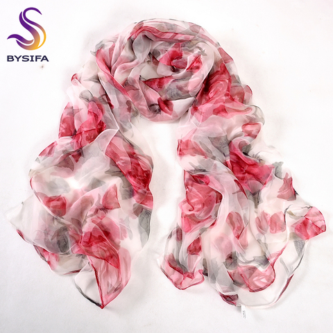 BYSIFA-écharpe Sexy en soie Roses rouges, longue en soie Pure, écharpe fine, transparente, printemps-automne, tendance 100% ► Photo 1/6
