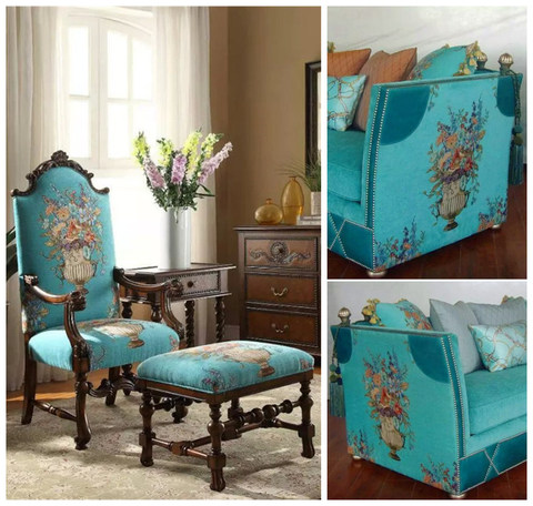 Luxueux Style américain fleurs Turquoise Bouquet conception Chenille draperie rideau canapé tapisserie d'ameublement intérieur tissus 280cm largeur ► Photo 1/1