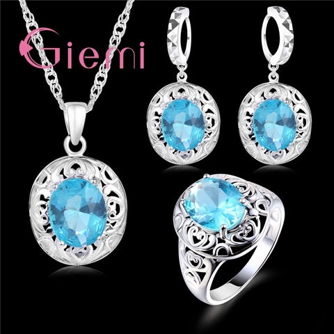 Ensemble de bijoux glamour en argent Sterling 925, boucles d'oreilles rondes en cristal bleu, collier, cadeau de vacances, cérémonie, zircone cubique ► Photo 1/1