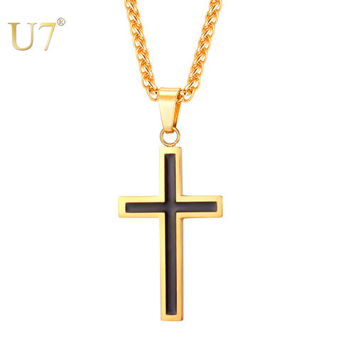 U7 – collier pendentif croix en émail, en acier inoxydable, couleur or noir, bijoux religieux chrétien, cadeaux de noël, P581 ► Photo 1/6
