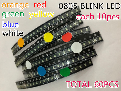 60 pièces clignotant clignotant diode led 0805 SMD clignotant Flash Diodo SMD 0805 mélangé 10 pièces chaque rouge Jade-vert bleu blanc jaune Orange ► Photo 1/5