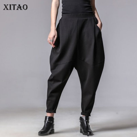 XITAO grande taille femmes automne hiver pantalon personnalité taille élastique noir Harem pantalon marée décontracté épissé pantalon nouveau XWW3091 ► Photo 1/6