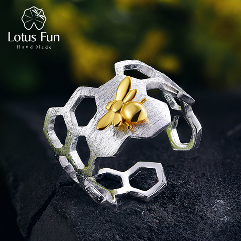 Lotus Fun – bague abeille en véritable argent Sterling 925, or 18K, bijoux fins de styliste naturel, anneau ouvert en nid d'abeille pour femmes ► Photo 1/6