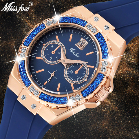 MISSFOX montres femmes chronographe or Rose montre de Sport dames diamant bleu bande de caoutchouc Xfcs analogique femme montre-bracelet à Quartz ► Photo 1/6