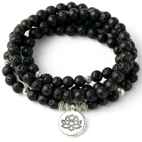 Bracelet bouddha Lotus 6mm, perles de lave noire, 108 perles à enrouler, Bracelet de Yoga ou collier cadeau pour femmes et hommes ► Photo 1/5