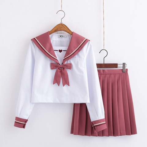 Uniformes scolaires pour filles, costume d'étudiant brodé cœur cupidon, uniforme de marin japonais Jk rose longues manches ► Photo 1/6
