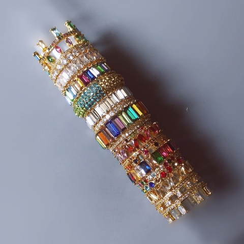 Baguette mince, anneau en or CZ arc-en-ciel, pour femmes, fiançailles, bandeau de mariage, bijoux de qualité supérieure, breloque ► Photo 1/6