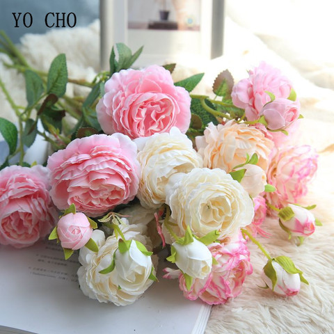 YO CHO – roses artificielles en soie, 3 têtes, pivoines blanches, fausses fleurs, rouge, Rose, bleu, pour un Bouquet de mariage, pour la maison ► Photo 1/6