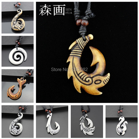 Dropshipping Hawaïen Hommes femmes Imitation Os Sculpture NÉO-ZÉLANDAIS Maoris Poisson Crochet Charmes Collier Moana Fishhook Pendentif Cadeaux MN258 ► Photo 1/1