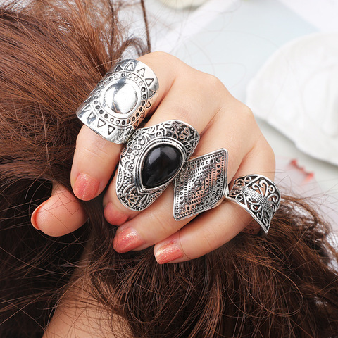 4 pièces/ensemble Vintage turc plage Punk résine perles ensemble de bagues ethnique sculpté argent plaqué Boho Midi doigt bague Knuckle charme anelli ► Photo 1/6