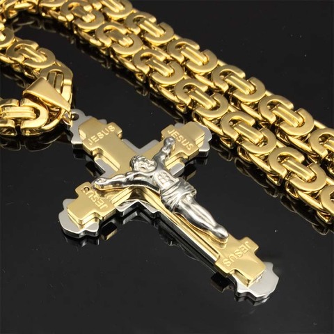 Crucifix lourd jésus croix collier acier inoxydable Christs pendentif or byzantin chaîne hommes colliers bijoux cadeaux 24