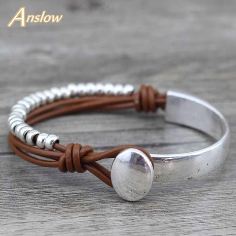 Anslow marque 2022 nouveaux bijoux de mode unisexe femmes hommes bracelets en cuir véritable perles Bracelet bracelets cadeau de fête LOW0472LB ► Photo 1/6