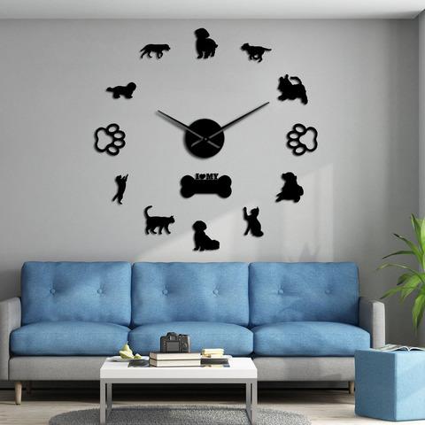 Horloge murale 3D avec chats et chiens, bricolage autocollant mural, sans cadre, décoration géante pour la maison, cadeau pour le propriétaire d'animaux ► Photo 1/6