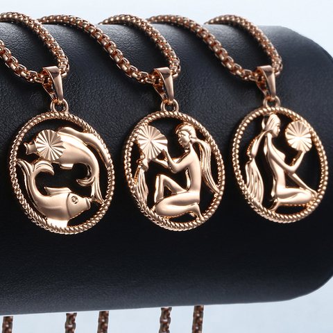 Collier avec pendentif signes du zodiaque pour hommes et femmes, 12 constellations, en or Rose, chaîne, cadeau, bijoux à la mode, GPM21, 585 ► Photo 1/5
