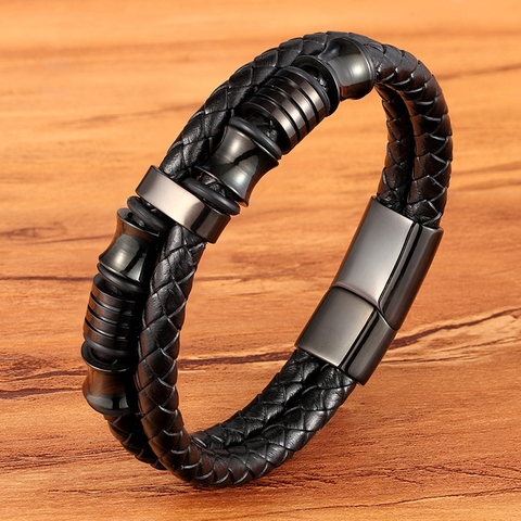 XQNI – Bracelet noir en cuir véritable pour homme, accessoire de luxe, DIY, beau cadeau à la mode ► Photo 1/6