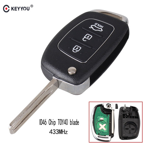 KEYYOU – clé télécommande pliable à 3 boutons, transpondeur ID46 TOY40, 433Mhz, lame pour Hyundai New IX35 IX25 IX45 Elantra Santa ► Photo 1/6