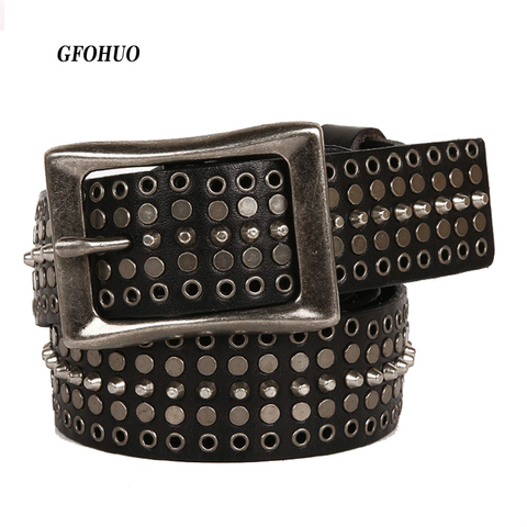 Ceinture en cuir véritable pour Homme, style Cowboy, Punk, Vintage, avec boucle en métal, Rivet, croix Rock, Jeans, Bronze ► Photo 1/6