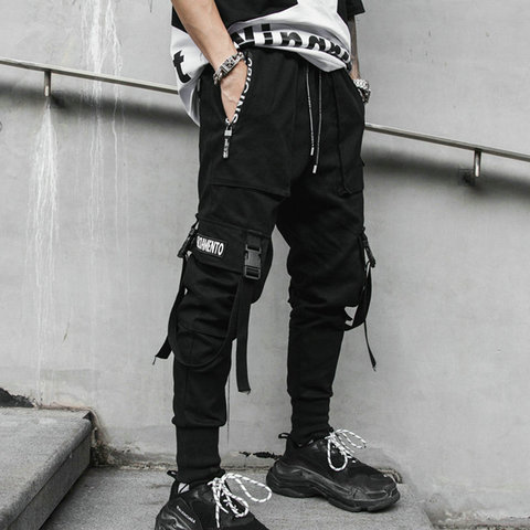 Streetwear noir sarouel hommes 2022 automne pantalons de survêtement avec rubans pantalon de jogging décontracté hommes Hip Hop pantalon avec multi-poches ► Photo 1/5