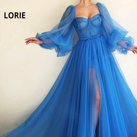 LORIE – robe de soirée bleue à manches longues bouffantes, en Tulle, à dos nu, robe de concours de beauté, sur mesure, 2022 ► Photo 1/6
