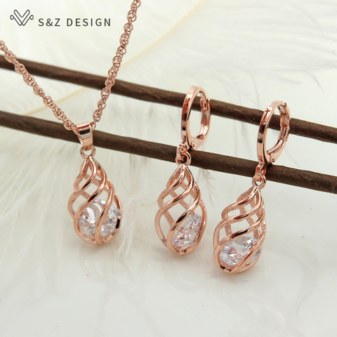 S & Z spirale creux goutte d'eau balancent goutte Zircon boucles d'oreilles 585 couleur or Rose ensemble de bijoux pour les femmes cadeau Anti-allergie Eardrop ► Photo 1/6