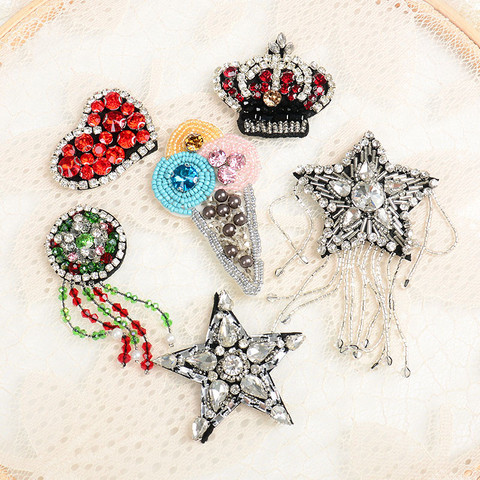 Patchs en perles à pompon, couronne étoile, cœur, crème glacée, strass, broches en perles, patch appliqué à coudre sur vêtements à la mode, 1 pièce ► Photo 1/6