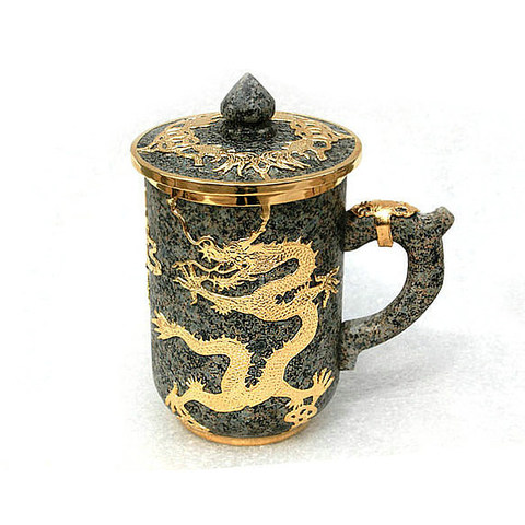 Tasse à thé Dragon doré en pierre naturelle de mongolie intérieure, incrustation dorée originale, cadeau de personnalité, tasse ménagère 400ML ► Photo 1/3