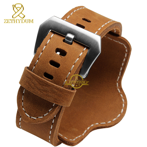 Bracelet de montre rétro épais en cuir véritable bracelet de montre pour hommes, 20 22 24mm 26mm, marron noir, avec tapis ► Photo 1/6