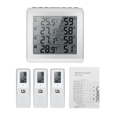 LCD Numérique Sans Fil Intérieur/Extérieur Thermomètre Hygromètre Quatre-canal Température Hygromètre Station Météo Horloge ► Photo 1/1