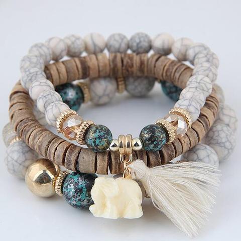 Ensemble de 3 Bracelets à perles en bois pour femmes, style bohème, éléphant, pompon, breloques, bijoux Vintage, pièces/ensemble ► Photo 1/6
