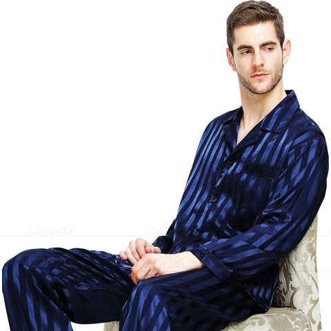 Pyjama en Satin de soie pour homme, ensemble de vêtements de nuit, vêtements de détente, à rayures, tailles américaines, M,L,XL,2XL,3XLL,4XL ► Photo 1/6