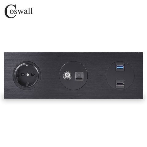 Coswall tout aluminium panneau mural prise ue + prise TV femelle/CAT5E RJ45 prise Internet + HDMI-compatible 2.0 / USB 3.0 Port ► Photo 1/3