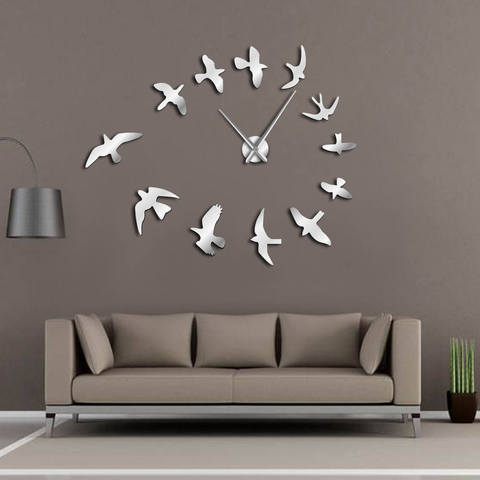 Horloge murale miroir décorative oiseaux volants, Design moderne de luxe sans cadre, bricolage grande horloge murale, décoration de salle naturelle ► Photo 1/6