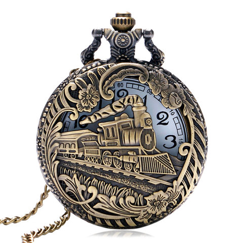Montre de poche Vintage en Bronze creux, Design Locomotive à Quartz, avec collier et chaîne, cadeau pour hommes et femmes ► Photo 1/6