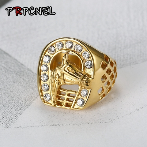 Hip hop 316L acier inoxydable couleur or cheval tête anneau avec zircon homme anneau mode bijoux de haute qualité Promotion hommes anneau ► Photo 1/4