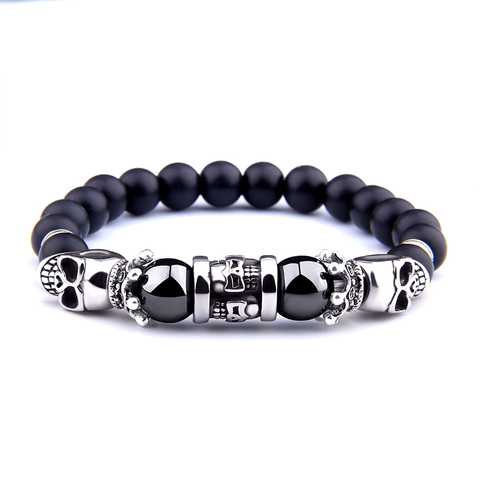 Bracelet de perles noires en hématite naturelle pour hommes, série tête de crâne, Onyx, breloque ► Photo 1/6
