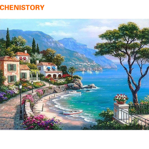 CHENISTORY – Kits de peinture par numéros de paysage de mer méditerranéenne, peinture sur toile avec cadre en bois pour cadeau de décoration murale ► Photo 1/6