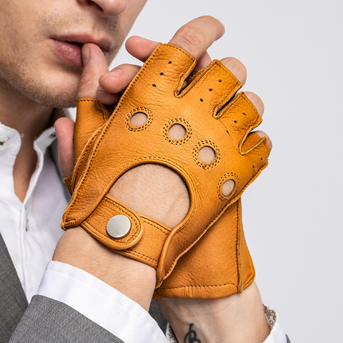 Gants en cuir véritable hommes, printemps-automne, antidérapants, peau de chèvre sans doigts, gants de conduite de Gym et de Fitness ► Photo 1/6