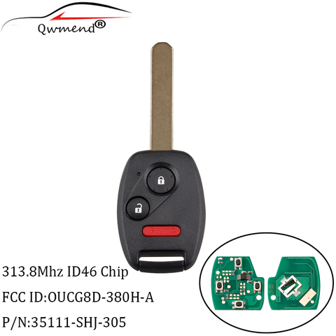 Qwmand-clé télécommande d'entrée de voiture, 313.8Mhz, à 2 + 1 boutons, avec puce ID46 OUCG8D-380H-A Fob, compatible avec Honda Accord, Civic Odyssey de 2003 à 2007 ► Photo 1/5