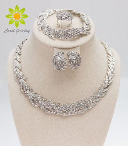 Livraison gratuite 2022 feuilles forme argent plaqué cristal clair ensemble de bijoux nouvelle mode mariage mariée africaine bijoux fantaisie ensembles ► Photo 1/1