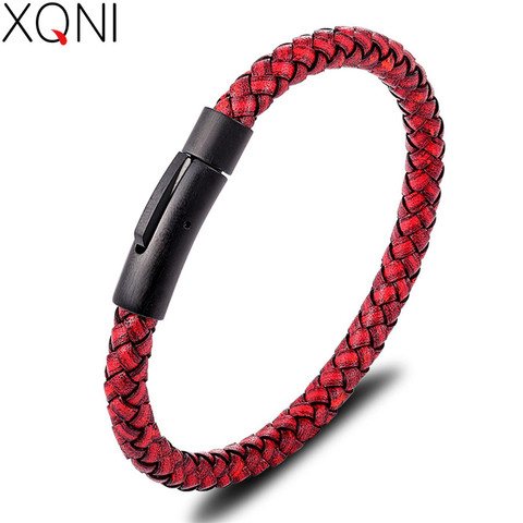 XQNI Style Simple noir acier inoxydable bouton rétro cuir Bracelet pour hommes multicolore et la sélection de la taille pour beau garçon cadeau ► Photo 1/6