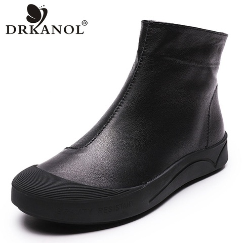 DRKANOL automne hiver en cuir véritable bottines plates pour femmes bottes chaudes côté fermeture éclair doux confortable en cuir de vache Botas H8066 ► Photo 1/6