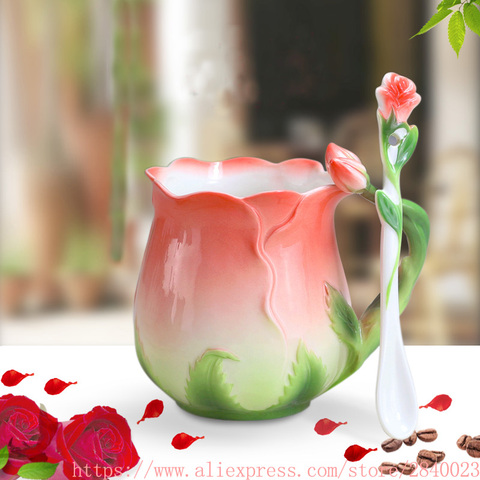 Tasse à café en porcelaine avec motif fleur de Rose 3D en émail, Set de tasses à café, tasses à thé, cuillères, accessoires créatifs en porcelaine, cadeau de la saint-valentin ► Photo 1/6