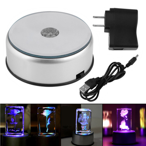 Présentoir en cristal rotatif à Base à LED degrés, support lumière LED pour veilleuse, 7 couleurs, avec adaptateur US, avec câble USB ► Photo 1/6