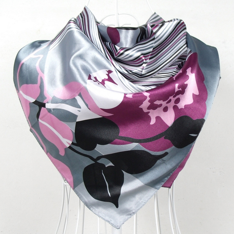 Grand foulard carré en soie imprimé pour femmes, châle en soie Polyester gris et violet, 90x90cm, mode printemps et automne 2022 ► Photo 1/6
